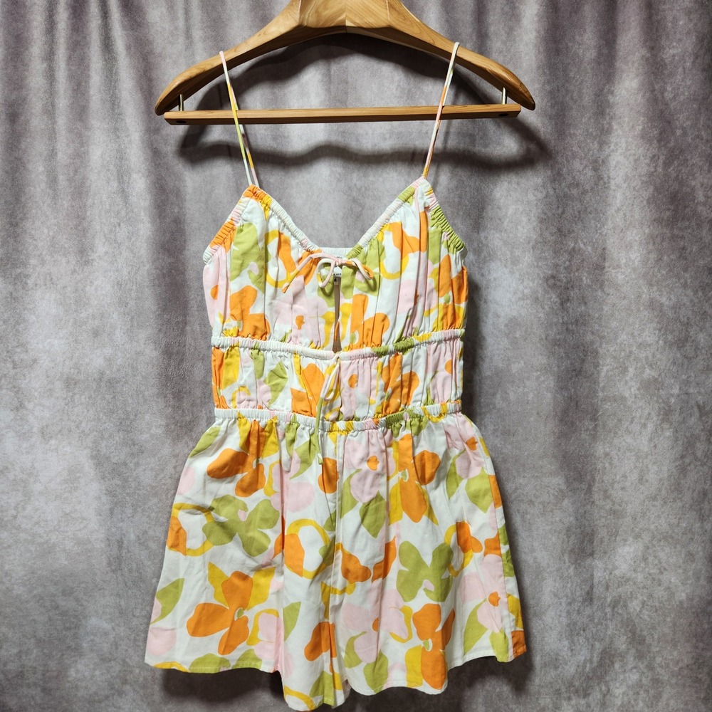 Sabo‎ Skirt Floral Romper Orange Green Pink Cotton Smocked Waist Playsuit M